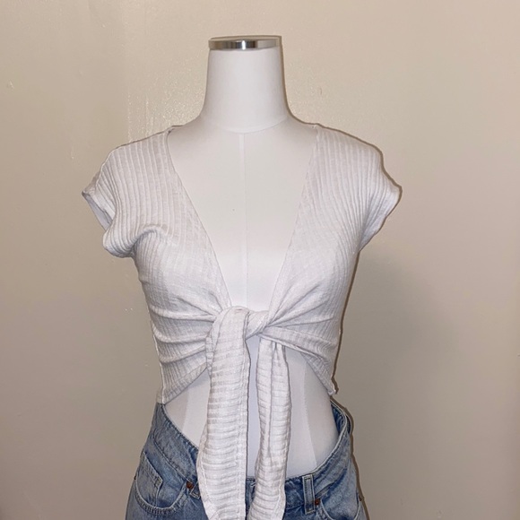 White Ribbed Tie Crop Top - Picture 1 of 5